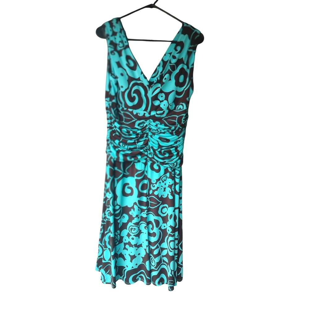 Maggy Boutique Turquoise Brown Floral Ruched V-Neck Dress Womens 14P Petite - Picture 3 of 3